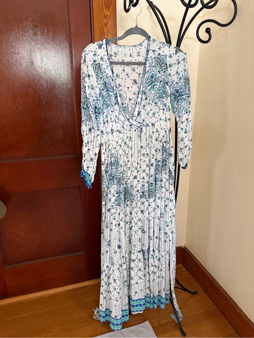Poupette St. Barth White Floral Wrap Maxi Dress with Blue Accents
